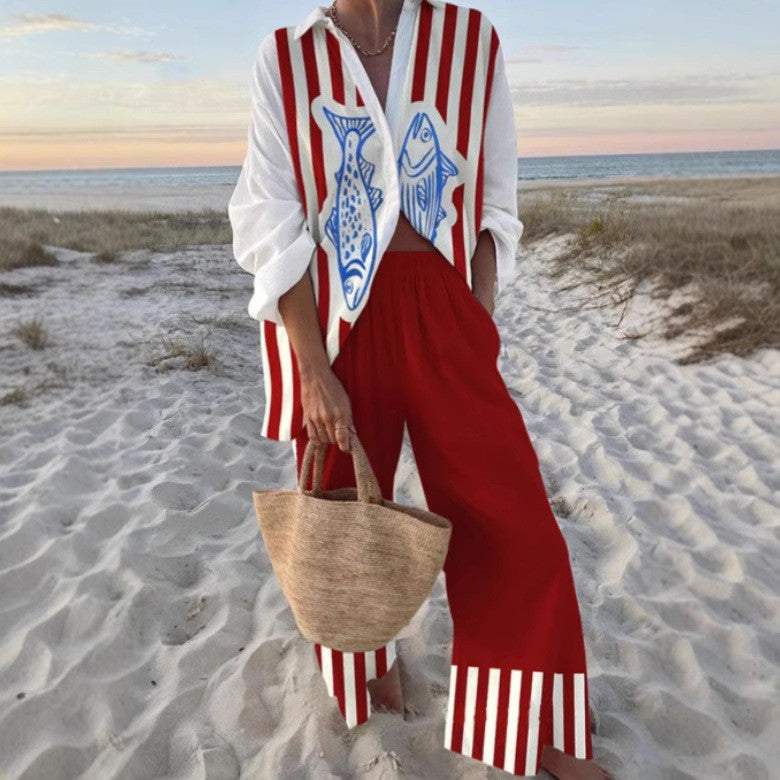 Women's Fashion Printed Casual Resort Beach Style Set Spring and Autumn New Casual Set