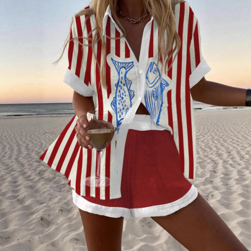 Style Personality Colorful Digital Print Casual Top Women's Two-Piece Set
