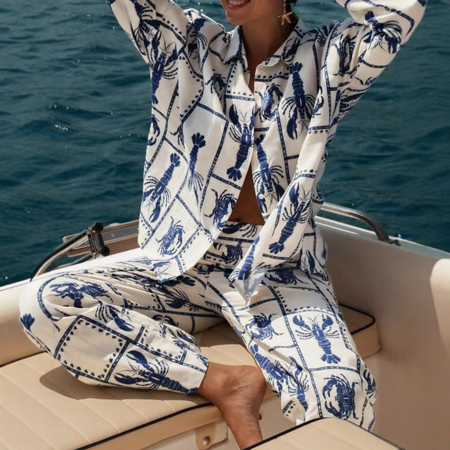Women's Spring and Summer Comfortable Casual Lobster Crab Print Turn-down Collar Long Sleeve Top and Long Pants Set