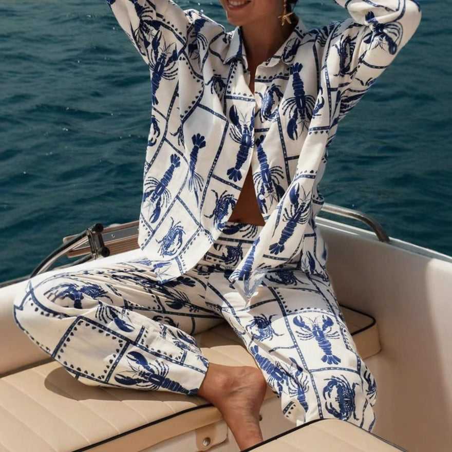 Women's Spring and Summer Comfortable Casual Lobster Crab Print Turn-down Collar Long Sleeve Top and Long Pants Set