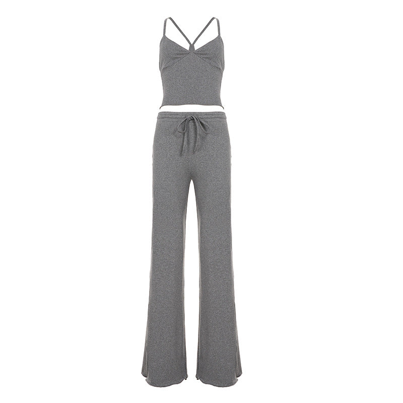 High Waist Slimming Set Solid Color Strap + Drawstring Long Pants