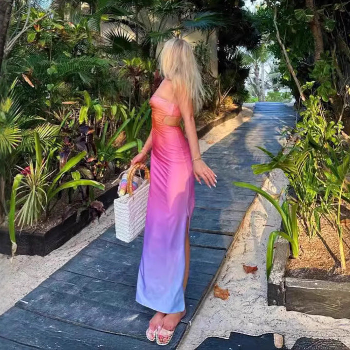 Gradient printed strapless and waist revealing dress
