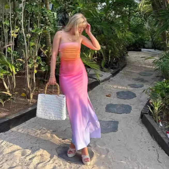 Gradient printed strapless and waist revealing dress