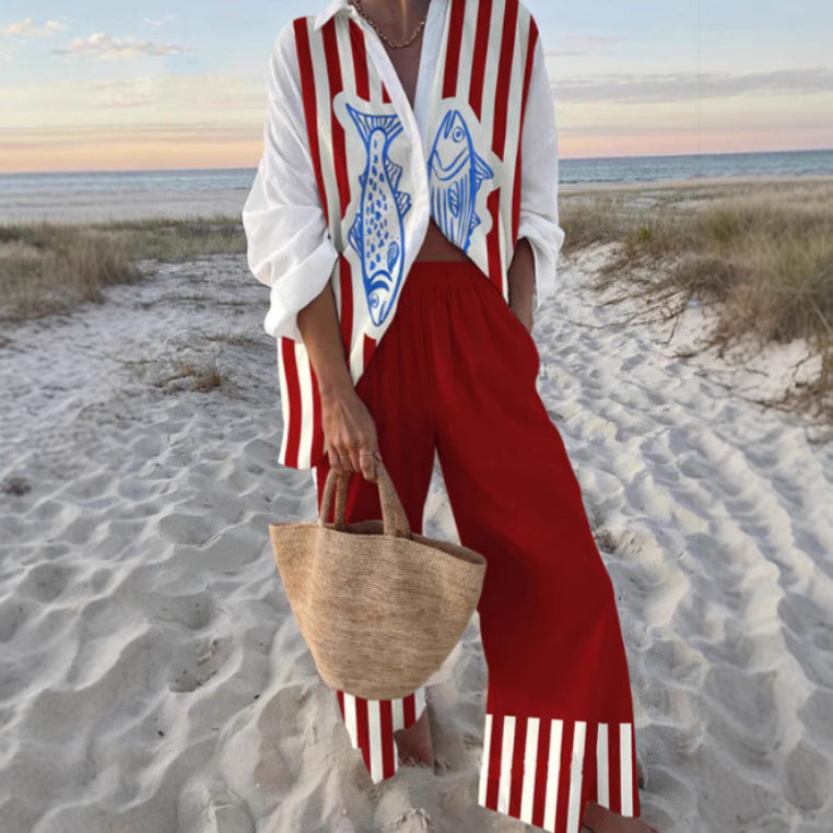 Women's Fashion Printed Casual Resort Beach Style Set Spring and Autumn New Casual Set