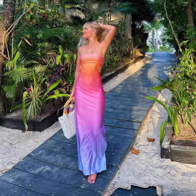 Gradient printed strapless and waist revealing dress