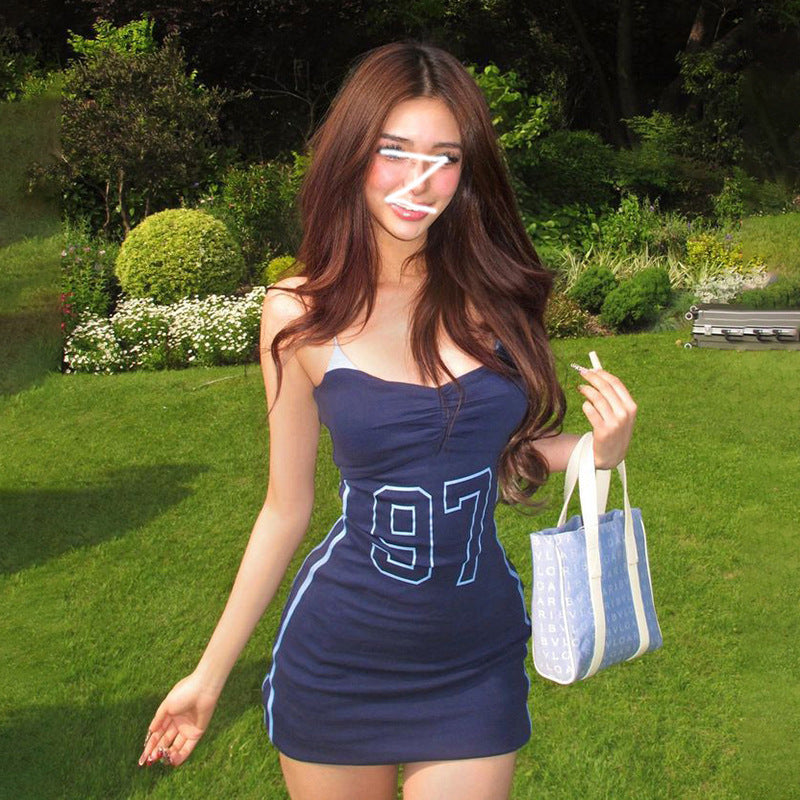 Spring Summer Spicy Girl Retro Sports INS Style Digital Color Block Sleeveless Short Dress Y2K Wholesale
