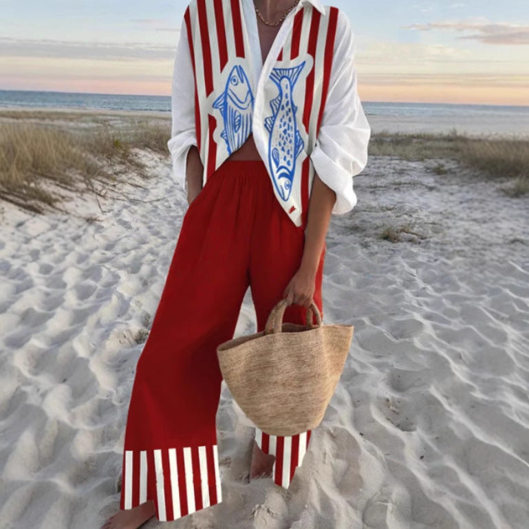 Women's Fashion Printed Casual Resort Beach Style Set Spring and Autumn New Casual Set