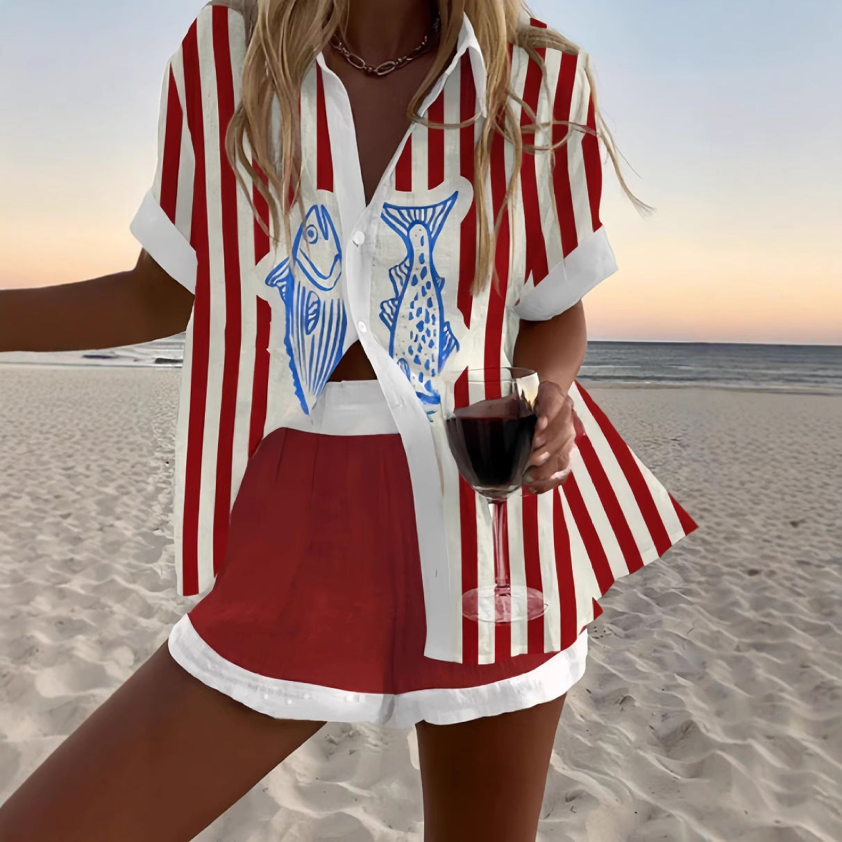 Style Personality Colorful Digital Print Casual Top Women's Two-Piece Set