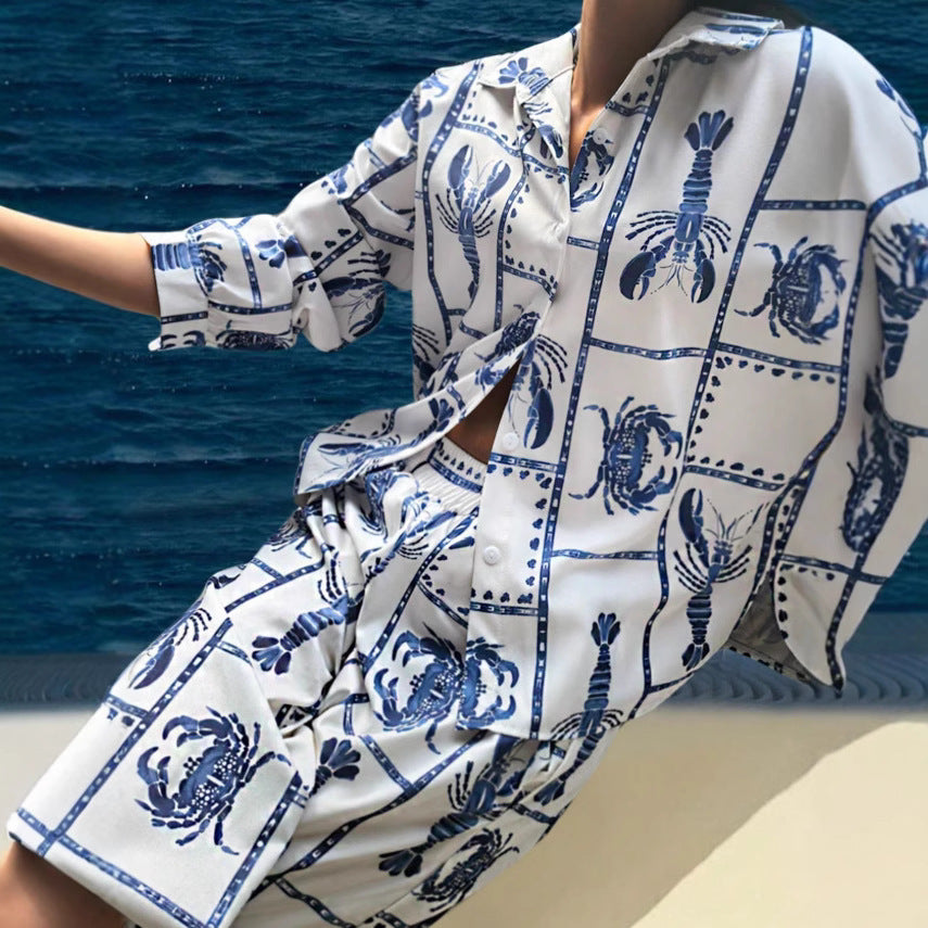 Women's Spring and Summer Comfortable Casual Lobster Crab Print Turn-down Collar Long Sleeve Top and Long Pants Set