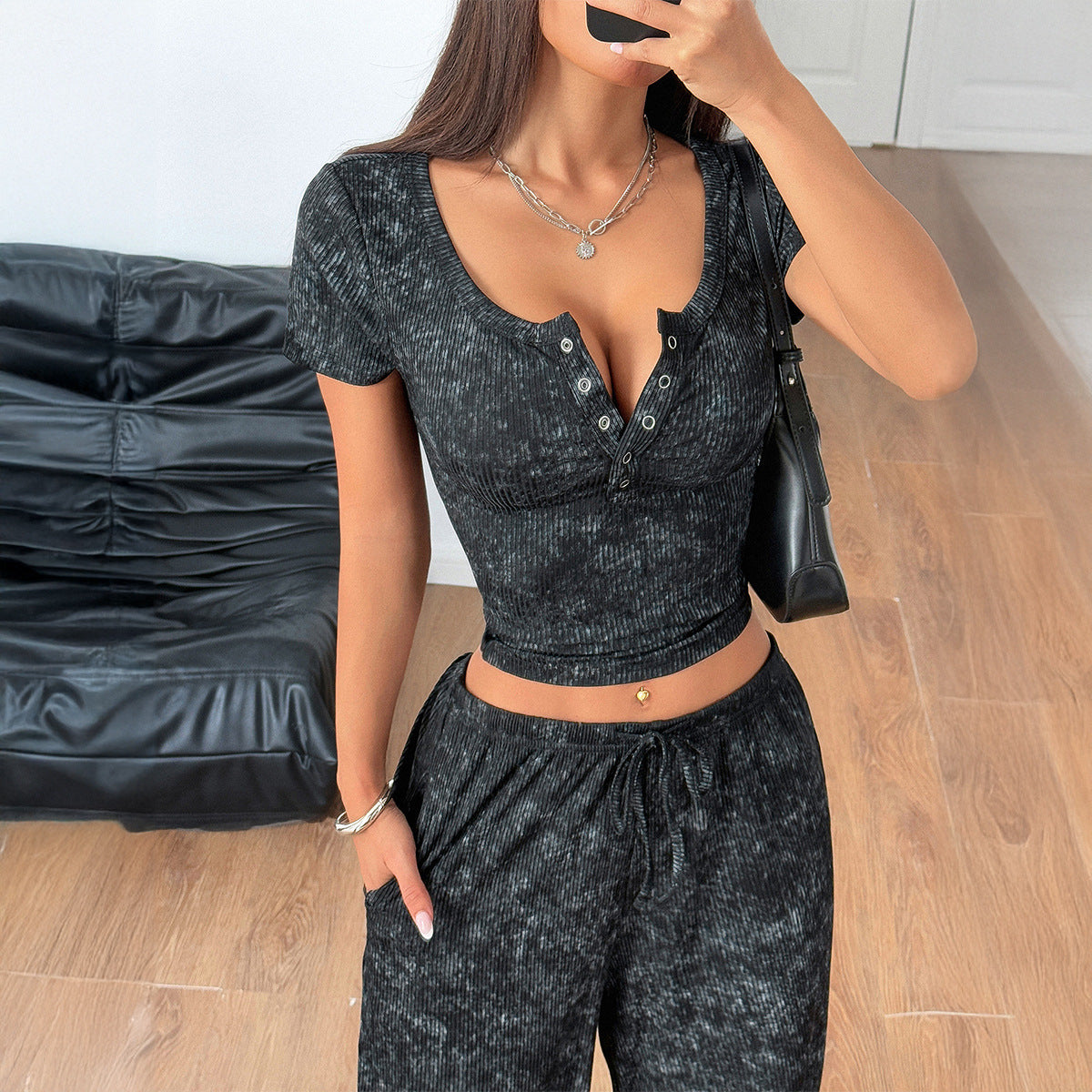 Button Short Sleeve Wide Leg Long Pants Set for Women