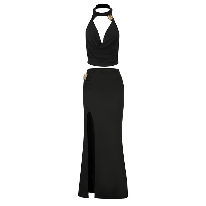Backless Swing Collar Neckline Waist-Cinching Top with  Skirt set