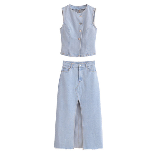 Cowboy vest+denim skirt set for women
