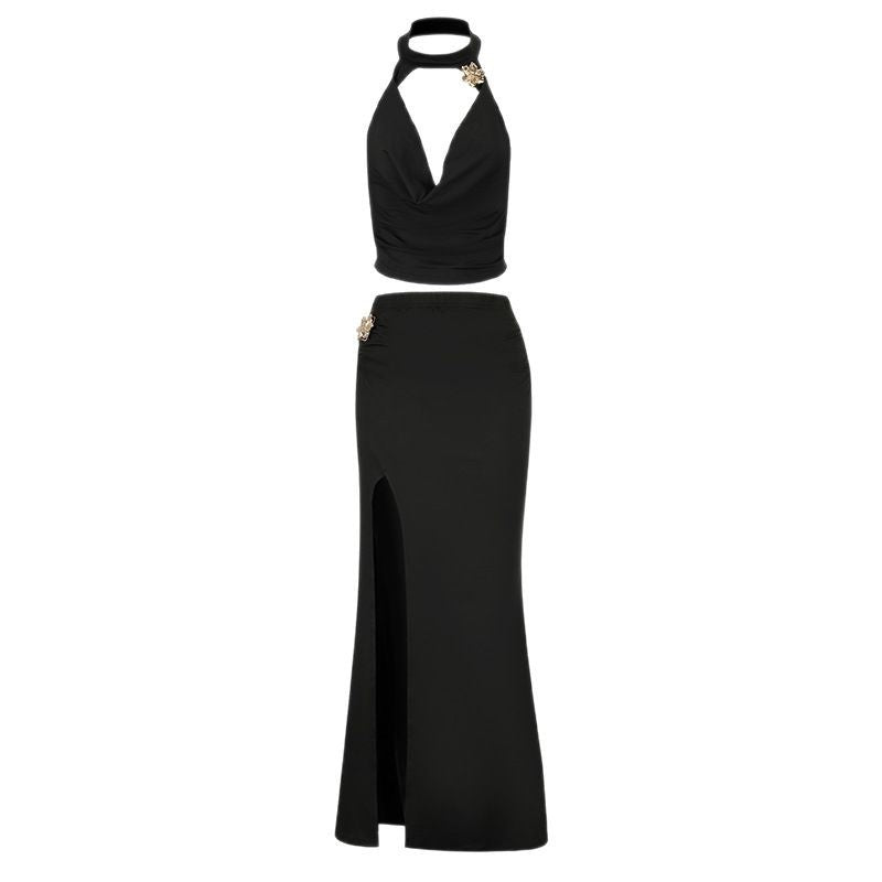 Backless Swing Collar Neckline Waist-Cinching Top with  Skirt set