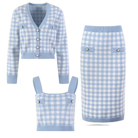 Fashion Top Quality 3 Piece Sweater Set Women Clothing Plaid Pattern 3 Colors Knitting Suit for Lady