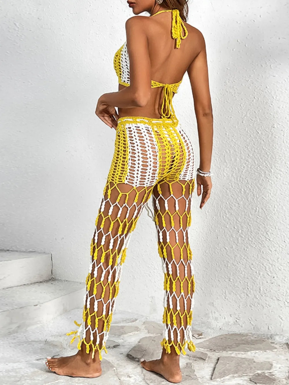 Beach pants top set mesh beach pants color engraved with hand hook flower