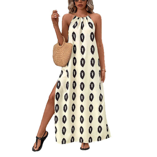 Elegant European and American style design hanging neck beach long skirt dress
