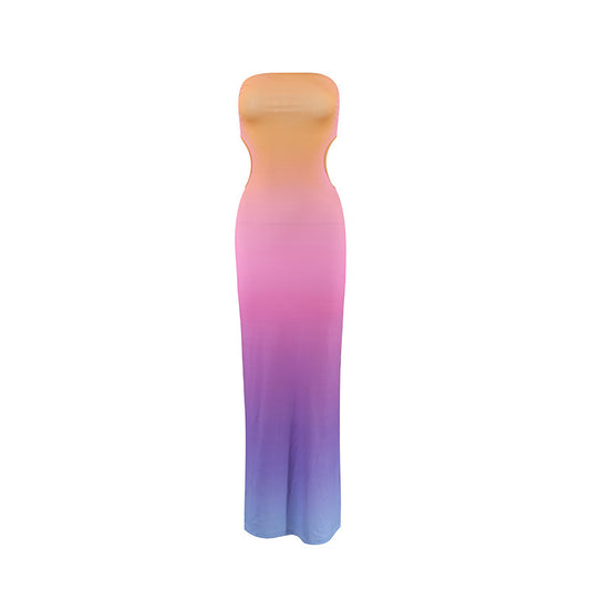 Gradient printed strapless and waist revealing dress