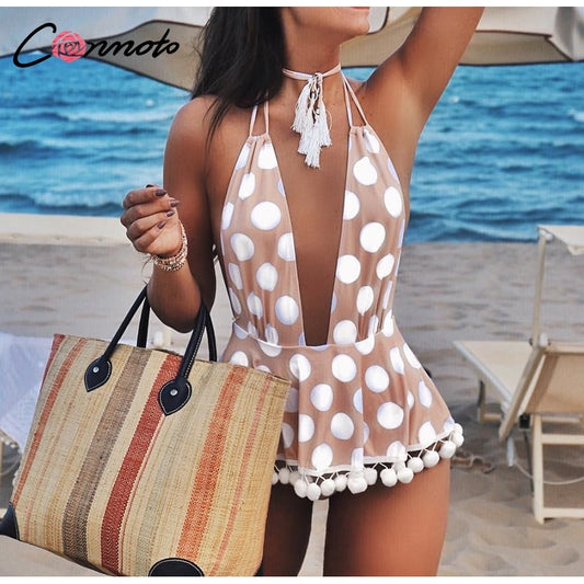 Conmoto Polka Dot Bikini Women  Sexy Deep V Backless Swimsuit Print Tassel Lace up Skirt Beachwear Plus Size Bodysuit